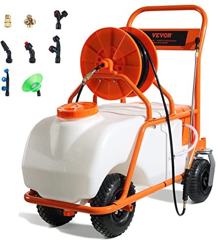 VEVOR Spruzzatore da Giardino Alimentato, Pressione Regolabile 0-90 PSI, Serbatoio da 15 Galloni, Carrello Spruzzatore con 8 Ugelli e 2 Bacchette, Batteria da 12 V 12 Ah
