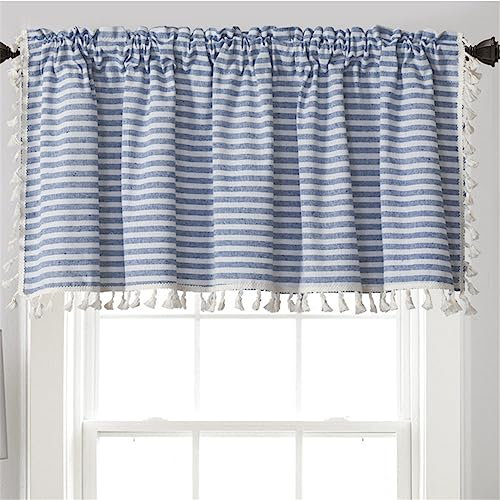 Surwin Blackout Short Curtains for Small Windows, Vintage Flower Cafe Curtain Kitchen Curtains Rod Pocket 1 Panel Valance for Living Room Bedroom Bathroom (45x150cm,Blue stripes)