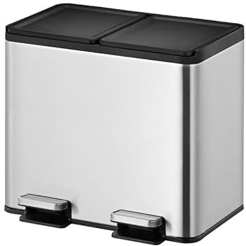PROREGAL Rechteckiger Treteimer aus gebürstetem Edelstahl mit getrennten Soft-Close & Stay-Open Deckel | 10+10 Liter, HxBxT 37x40,3x33,2cm | Silber