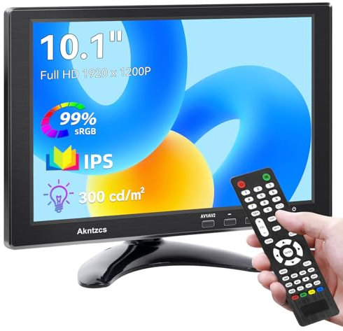 Akntzcs Portable Monitor 10.1 Inch FHD 1920×1200P Small HDMI Monitor IPS Display, VGA/USB/AV/BNC/HDMI Ports, External Monitor for PC Computer Laptop Xbox Ras Pi, Built-in Speakers