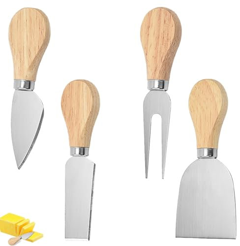 Générique 4 Pièces Couteau à Fromage et Beurre - Manche en Bois, Lame Inox pour Sandwichs et Petit-Déjeuner