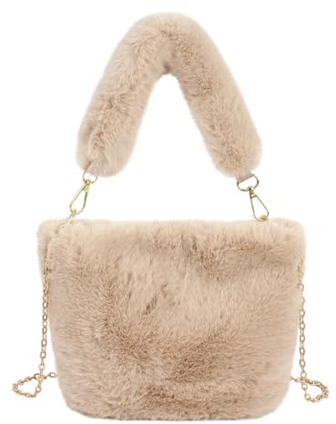 Meliyya Damen Fellimitat Schultertasche Plüsch Umhängetasche Flauschige Handtasche mit Ketten Plüsch Griff, Khaki