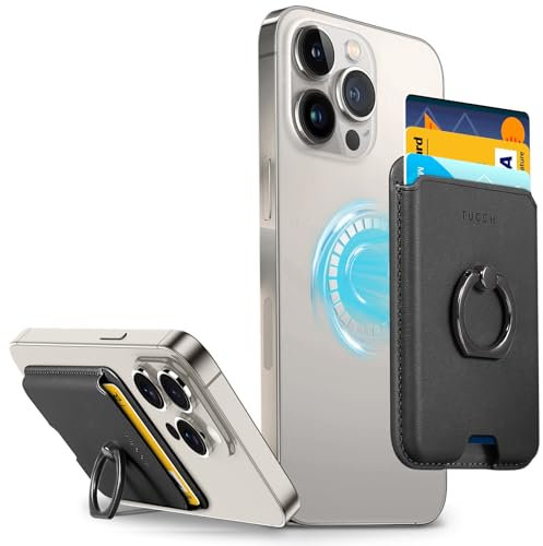 TUCCH Magnetisches Wallet für iPhone 16/15/14/13/12 Serien, [360 Grad Verstellbarer Handy Ring] [RFID Blocker], Ultra Dünn PU Leder Kartenhalter Geldbörse Kartenetui mit Ständer Ringhalter, Schwarz