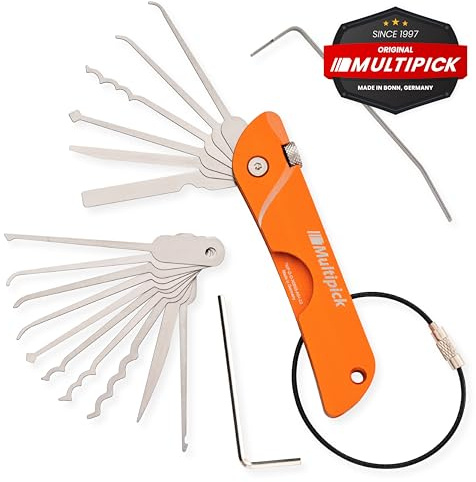 MULTIPICK Navaja de bolsillo Naranja [7 Herramientas | EDC Edition | +10 Cuchillas] Navaja Ganzua - Lockpicking Set - Juego Ilaves Bumping - Ganzua de Arrastre -Ilaves Maestras para Abrir Cerraduras