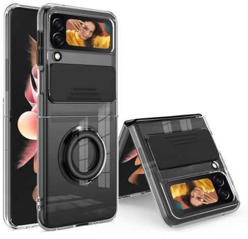 Protection de lentille coulissante Coque en TPU Souple Transparente pour Samsung Galaxy Z FILP 3 Couverture de téléphone avec Anneau Transparent pour Samsung Z FILP 3 5G, Noir, pour Samsung Z Flip 3