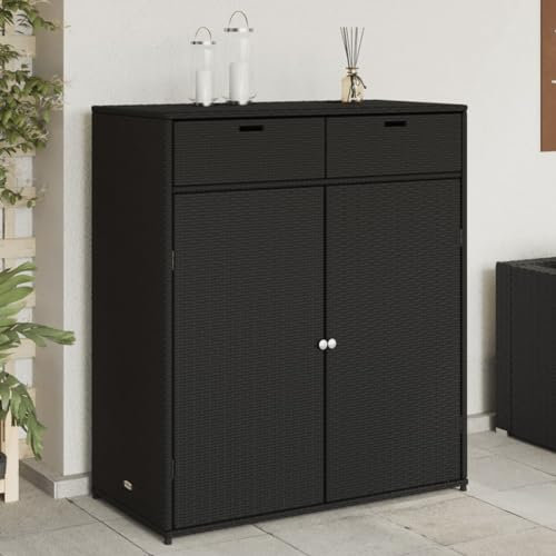 KOIECETA Gartenschrank Geräteschrank mit viel Stauraum Beistellschrank Schrank mit Türen Balkonschrank Terrassenschrank Poly Rattan (Schwarz, 105x55x113 cm)