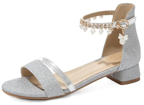OALEEN Sandales Nu-pieds Femme Eté Petit Talon Carré Bride Cheville Paillettes Perles Chaussures Soirée Mariage Argentée 39