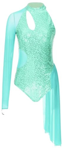 Nyeemya Glitzer Pailletten Ballettkleid Damen Ärmellos Latein Tanzkleid Rückenfrei Tanzbody mit Fransen Rock Eiskunstlauf Bekleidung Dancewear Minzgrün L