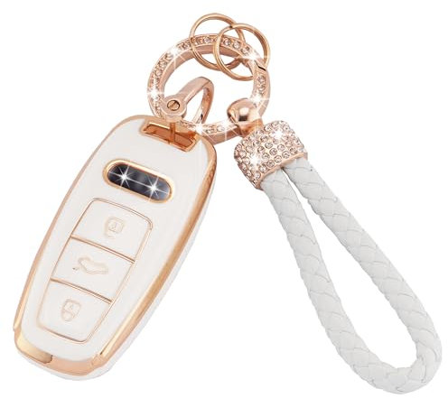 Koaudb Housse pour clés de Voiture pour Audi A6 A6L A7 A8 A8L Q7 Q8 S6 S7 SQ7 SQ8 RS6 RS7 E-Tron 3 Boutons Housse de Protection pour clés en TPU Souple avec Cordon pour Porte-clés (Ad-3L)