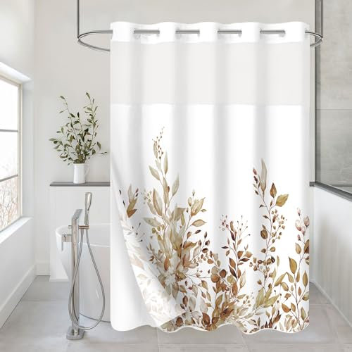 Gibelle Duschvorhang ohne Haken, Eukalyptus, mit Stoffeinsatz, Hotel-Stil, braune Pflanzenblätter, doppelter Duschvorhang mit durchsichtigem Fenster, wasserdicht und waschbar, 183 x 188 cm