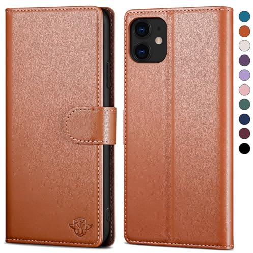 SkyDuck Leather Flip Case for iPhone 12/12 Pro, RFID Blocking, Credit Card Holder, Tempered Glass Screen Protector, Light Brown