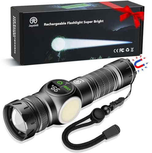 Jayxinli Taschenlampe 500000 Lumen mit Magnet, LED Taschenlampe Usb Aufladbar, Extrem Helle Taschenlampe Mit LCD Leistungsanzeige, Starke Taschenlampe mit COB 9 Leuchtmodi Und Zoom