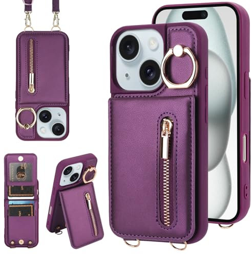 Jcxtrombulous Crossbody Wallet Case for iPhone 11 with Lanyard Strap Card Slot Holder [RFID Blocking] 360° Kickstand,Magnetic Flip Folio Zipper Purse Case, PU Leather Cover Handbag,Deep Purple