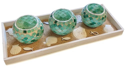 Logbuch-Verlag 3 türkise Mosaik Teelichtgläser grün fertiges Geschenk Set zum Geburtstag mit Muscheln Deko für Frauen & Männer 45 x 18 x 11 cm