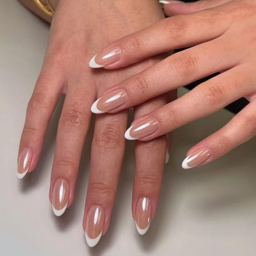 French Tip False Nails - 24pcs Medium Almond Press On - Fake With Glue - Acrylic Glossy Nude With White Tips Designs - Full Cover Glue On for Women Manicure Decoration