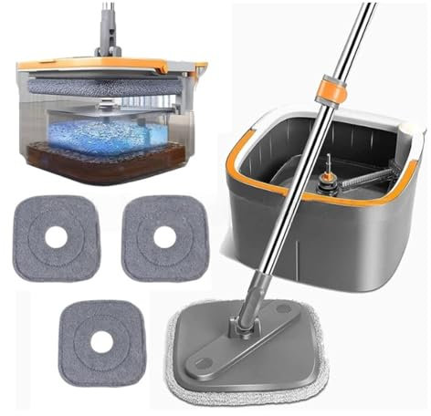 Juego de fregona y cubo con sistema de suciedad y agua limpia autoseparable, cubo cuadrado de fregona autogiratorio de 360°, cabezal de fregona de limpieza adecuado para fregonas de microfibra O Cedar