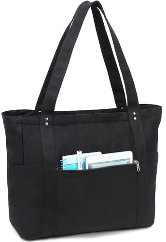 Fammart Large Canvas Tote Bag for Women with Zipper & Compartments, Crossbody Laptop Bags for Work College School, Large - Black, L, Fashion