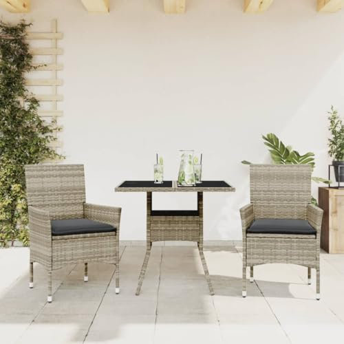 Xichuzi 3-TLG. Garten-Essgruppe mit Kissen Hellgrau Poly Rattan Glas, Esstisch Mit Stühlen Set, Gartenmöbel Sitzgruppe, Balkon Möbel, Gartenlounge Set, Terrassenmöbel, Balkonmöbel Set - 3278611