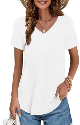 Elesomo Longshirt Damen Kurzarm T Shirt V Ausschnitt Sommer Baumwolle Oberteile Basic Tshirts, Weiß L