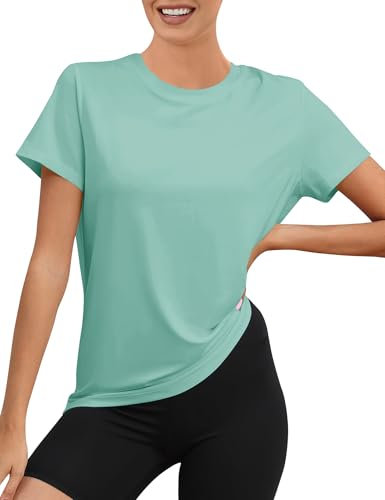 Rapbin Sport T-Shirt Damen, Kurzarmshirt Frauen, UPF 80+ Sport Oberteile Damen UV-Sonnenschutz Atmungsaktiv Schnell Trocknend(Grau Grün,L)