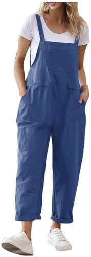 OVARA Ladies Dungarees Casual Baggy Overalls with Pocket Summer Sleeveless Linen Jumpsuits for Women UK Plain Lightweight Button Straps Bib Pants