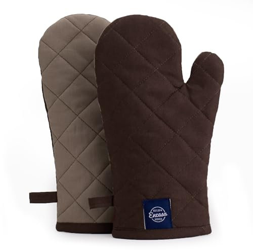 Encasa XO Guantes de Horno de algodón Resistentes al Calor (Juego de 2) - Acolchada y Segura 17x29 cm - para Cocina, Cocinar y Hornear, Manejo de ollas y sartenes Calientes - Taupe Oscuro y Beige