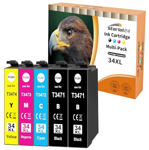 Starlet24 5X 34XL Druckerpatronen Kompatibel für Epson 34 XL Multipack für Workforce Pro WF-3720 WF-3725 WF-3720DWF WF-3725DWF