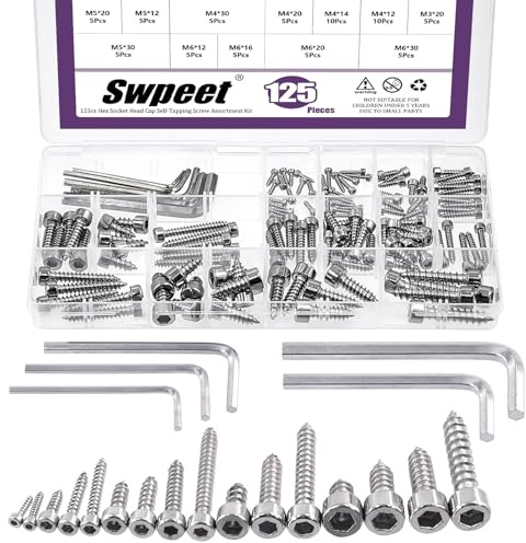 Swpeet 125Pcs 16 Sizes M2 M3 M4 M5 M6 304 Stainless Steel Silver Hex Socket Cap Head Self Tapping Screws with 5 Sizes Hex Key Wrench Assortment Kit, Hexagon Socket Head Tapping Screws for Home Repair