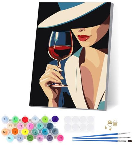 EOBROMD Peinture Numero Adulte Femme Tenant un Verre de Vin avec Cadre, Paint by Numbers avec Pinceaux Peintures Acryliques, Kit de Peinture à l'huile sur Toile pour Décoration de la Maison 20x30cm