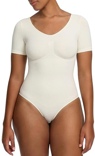 CFab Shapewear Damen Bauchweg Kurzarm Body String mit festem Halt | Body Shaper Damen mit T Shirt Ärmeln weichem Stretch und String Schnitt für glatte Looks unter engen Kleidern Hosen Jumpsuits