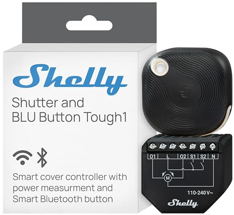 Shelly Shutter & Shelly BLU Button Tough1 (Bundle) - WLAN-betriebener Smart-Relaisschalter, 2 Kanäle, 4A, Leistungsmessung, Rolladenschalter, Hausautomation, Kein Hub Erforderlich, Alexa & Google Home