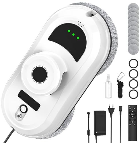 Robot Limpiacristales, Limpiacristales Electrico 5600Pa con 3 Modos de Limpieza, Planificación Inteligente de Rutas, Detección de Bordes, Sistema de Seguridad, Control Remoto, 12 Trapo