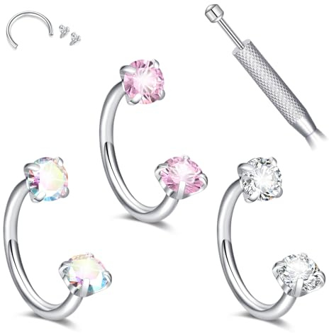 18G Septum Piercing Nasenpiercing Ring 8mm - 316L Chirurgenstahl Innengewinde Hufeisen Piercing mit CZ, Präzisions-Verschluss für Damen & Herren, Helix Tragus Lippen Schmuck (Set mit 3 Stk)