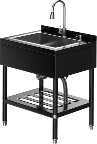 Fregadero de acero inoxidable 65 × 53 × 100 cm, fregadero de cocina independiente 1 lavabo, fregadero comercial con grifo, mangueras de agua fría y caliente, para lavandería, cocina al aire libre