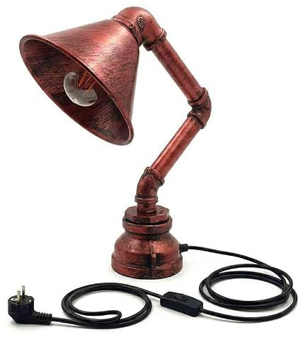 LEDSone Steampunk Tischlampe aus Eisen, Industrielle Wasserrohr Tischleuchte im Retro Design, Nachttischlampe mit E27 Fassung, Energieklasse A (Rustikales Rot 2-Pin (Kegel))