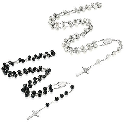 Flongo 2 Stück Edelstahl Anhänger Halskette Kugel Kette Glas Silber Schwarz Weiß Jesus Kreuz Kruzifix Rosenkranz Klassiker Herren,Damen
