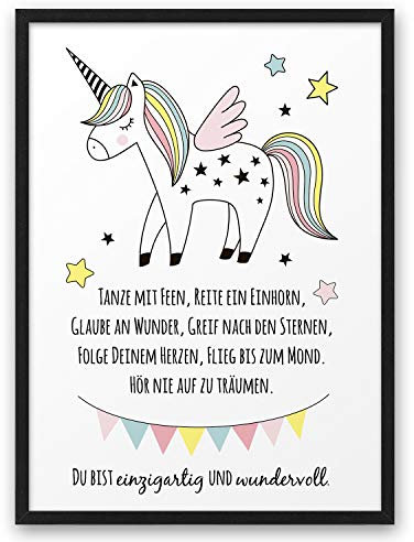 EINHORN TANZE MIT FEEN | ABOUKI Kunstdruck | Bilder Kinderzimmer Deko Poster Kinderzimmer Bilder Jungen Mädchen Wandbilder Babyzimmer Kinder Kinderbilder Tierbilder | DIN A4 ohne Rahmen