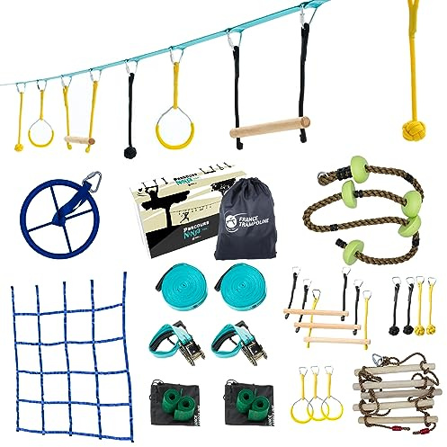 France Trampoline – Slackline und Hindernisparcours für Kinder – Ninja Parcours mit 14 Hindernissen und 15 m Slackline – Outdoor-Spiel für Kinder und Erwachsene mit Leiter, Kletternetz