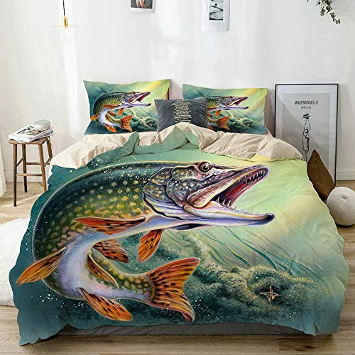 KOSALAER Bettwäsche Set,Angeln Bass Fisch Ozean,3 Teilig Bettbezüge Mikrofaser Bettbezug 135 x 200cm mit Reißverschluss und 1 Kissenbezug