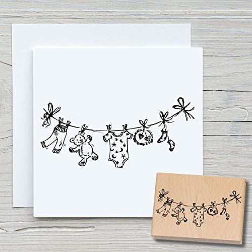 NEWSTAMPS Stempel Wäscheleine Motivstempel aus Holz & Gummi zum Karten und Geschenke basteln, Holzstempel für Scrapbook, Textilstempel, Deko, Freunde