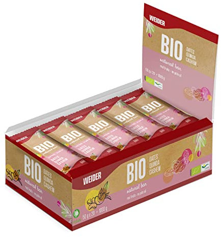 Weider Bio Natural Bar (20x50g) Datiles-Quinoa-Anacardos, Barritas Ecológicas Energéticas de Datiles, Quinoa y Anacardos, Sin Azúcar añadido, Sin Aceite de Palma, Vegano