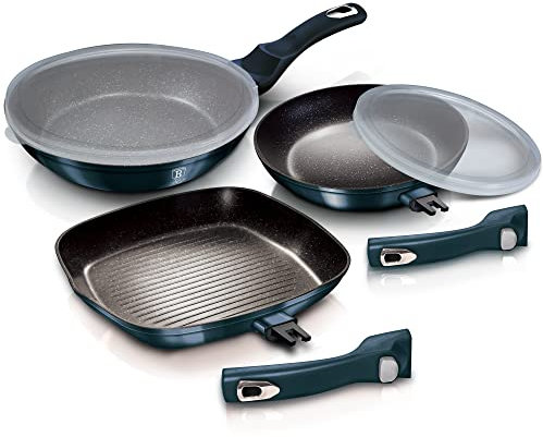 Juego de sartén de aluminio antiadherente de 5 piezas con asas desmontables de inducción de parrilla (Aquamarine)