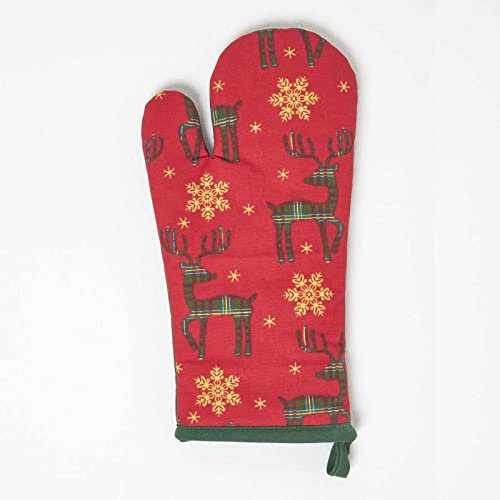 HOMESCAPES Red Oven Glove 100% Cotton Christmas Oven Mitt with Reindeer Xmas Pattern