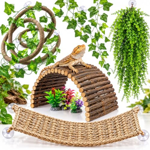 HERCOCCI Bearded Dragon Tank Accessories, 9Pcs Reptile Plants Vines Hammock Flexible Bridge with Suction Cups Terrarium Habitat Décor for Snake Gecko Lizard Chameleon