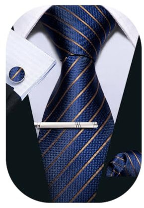 Barry.Wang Herren-Krawatte, gestreift, kariert, Seide, quadratisch, Manschettenknöpfe, Krawattenklammer, 4-teiliges Set, klassisch, Business, Hochzeit, Krawatte, Blaue und braune Streifen,