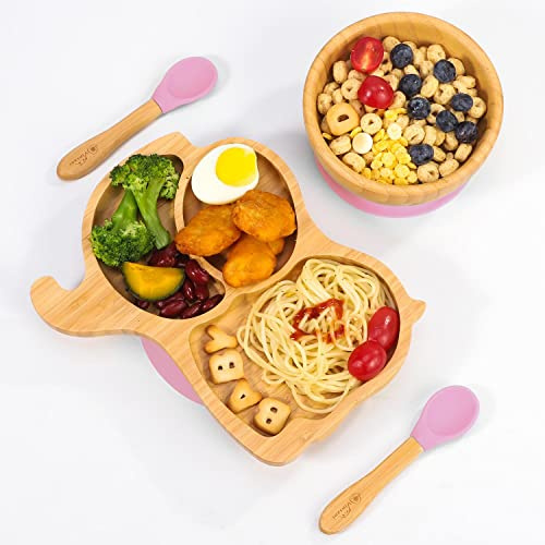 Vinsani Baby Bamboo Weaning Set, Suction Plate, Bowl & Spoon for Toddler | Food-Grade Silicone Baby Feeding Set, Non-Slip Base Bowl, BPA-Free Wooden Dinnerware for Kids, Elephant Themed - Pink