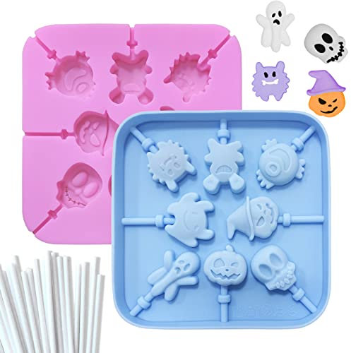 Lot de 2 moules en silicone pour sucettes d'Halloween - 8 Cavités en Forme de Citrouille,de Crâne,de Chauve,Pour cupcakes, bonbons, gelée et chocolat - Revêtement antiadhésif (réutilisable)