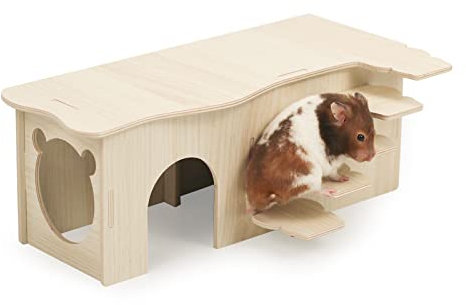 Episkey Hamsterhaus aus Holz, Meerschweinchenhaus, Eckhaus, Versteck, Käfig, Dekoration, Zubehör für Goldene Hamster, syrischer Hamster, Zwerg, Hamster, Degus (mit Treppen, 34 x 18 x 13 cm)