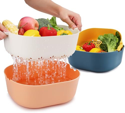 MASJENBU Küchensieb, Schüssel-Set (2 Sets, 5,5 Qt), großer Obst- und Gemüsesiebkorb, BPA-frei, spülmaschinenfest, Orange, Weiß, Blau, Gelb