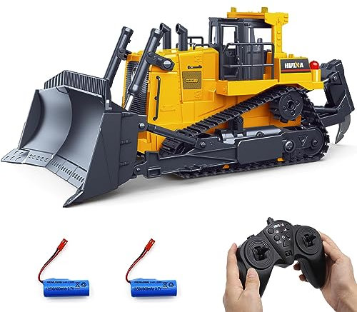 fisca Ferngesteuerter Bulldozer, RC 1/16 Voll funktionsfähiges Baufahrzeug Ferngesteuerter Schwerer Bulldozer, 2,4 GHz 11-Kanal-Dozer-Frontlader-Spielzeug mit Licht und Sound für Kinder